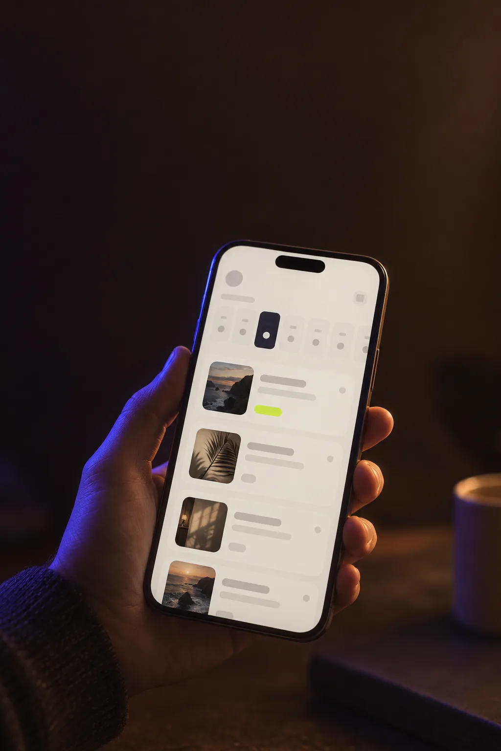 Mano che tiene un telefono con il calendario Breefy, luce indaco